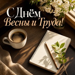Открытка на Праздник Весны и Труда с чашкой кофе и рабочим блокнотом