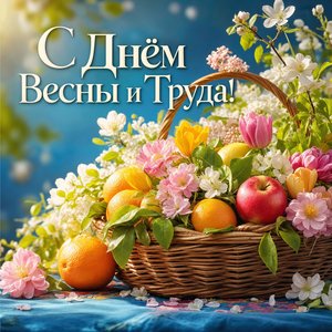 Открытка на Праздник Весны и Труда с корзиной фруктов и цветов