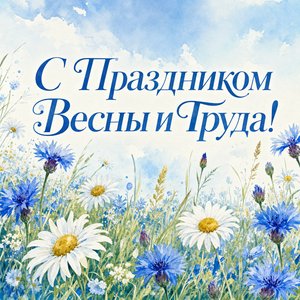 Открытка на Праздник Весны и Труда с полевыми цветами