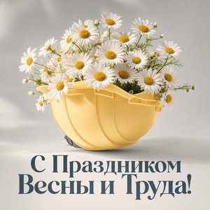 Открытка на Праздник Весны и Труда со строительной каской и ромашками