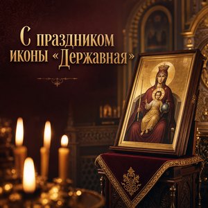 Открытка на Празднование иконы Божией Матери «Державная» с иконой и свечами