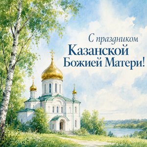 Открытка на Празднование Казанской иконы Божией Матери с храмом среди берёз