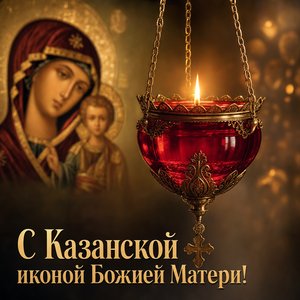 Открытка на Празднование Казанской иконы Божией Матери с красной лампадой