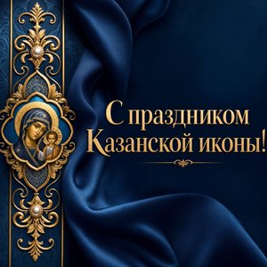 Открытка на Празднование Казанской иконы Божией Матери с синим золотым орнаментом