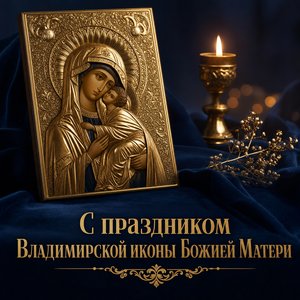 Открытка на Празднование Владимирской иконы Божией Матери с золотой иконой на синем бархате