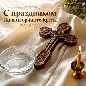 Открытка на Происхождение честных древ Животворящего Креста Господня с деревянным крестом и святой водой