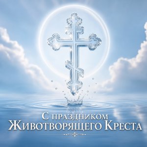Открытка на Происхождение честных древ Животворящего Креста Господня с прозрачным крестом над водой