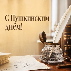 Открытка на Пушкинский день — День русского языка с чернильницей и пером
