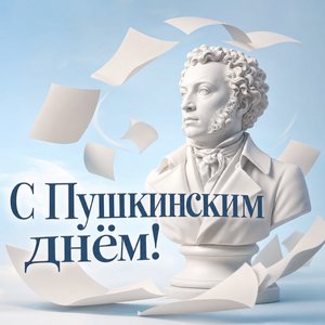 Открытка на Пушкинский день — День русского языка с фарфоровым бюстом Пушкина