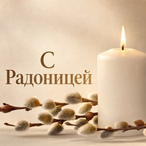 Открытка на Радоницу с белой свечой и вербой