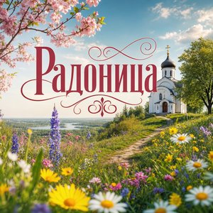 Открытка на Радоницу с часовней и полевыми цветами
