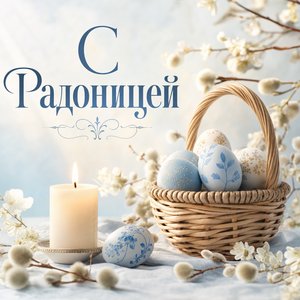 Открытка на Радоницу с пасхальной корзинкой и свечой
