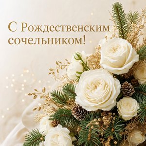 Открытка на Рождественский сочельник с белыми розами и еловыми ветвями