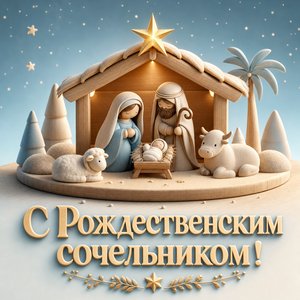 Открытка на Рождественский сочельник с рождественским вертепом
