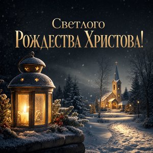 Открытка на Рождество Христово с фонарем у снежной тропы