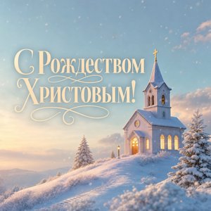 Открытка на Рождество Христово с храмом на снежном холме
