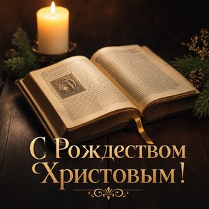 Открытка на Рождество Христово с открытым Евангелием и свечой