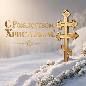 Открытка на Рождество Христово с православным крестом на снегу