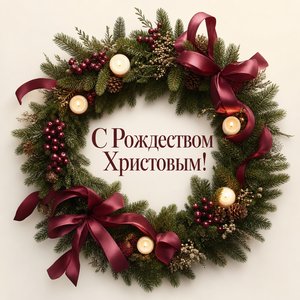 Открытка на Рождество Христово с рождественским венком и свечами