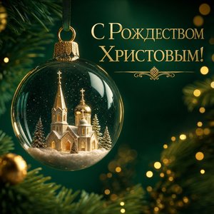 Открытка на Рождество Христово со стеклянным шаром и храмом