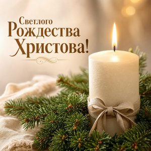 Открытка на Рождество Христово со свечой и еловой ветвью