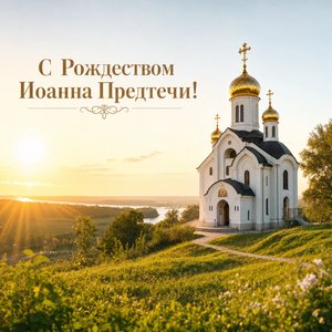 Открытка на Рождество Иоанна Предтечи с белым храмом на рассвете