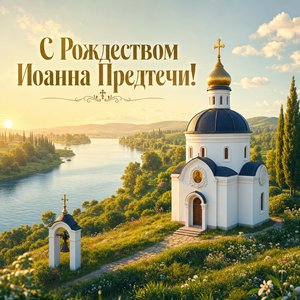 Открытка на Рождество Иоанна Предтечи с часовней у реки