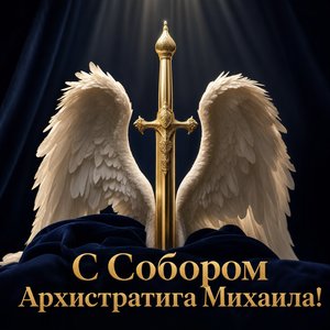Открытка на Собор Архистратига Михаила и прочих Небесных Сил бесплотных с золотым мечом и крыльями