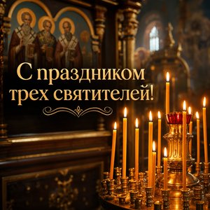 Открытка на Собор трех святителей с церковными свечами