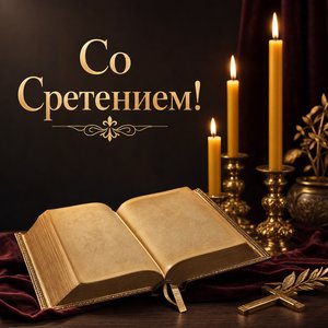 Открытка на Сретение Господне с Евангелием и свечами