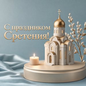 Открытка на Сретение Господне с фарфоровым храмом