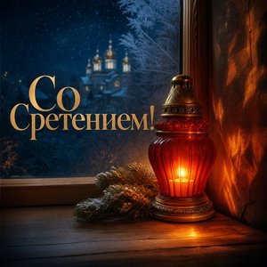 Открытка на Сретение Господне с лампадой у окна