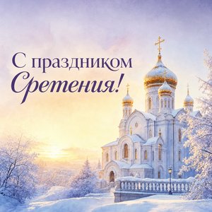 Открытка на Сретение Господне с заснеженным храмом