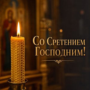 Открытка на Сретение Господне с зажжённой свечой в храме
