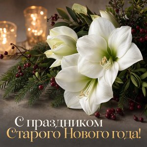 Открытка на Старый Новый год с белыми амариллисами