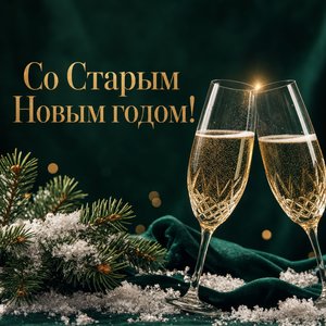 Открытка на Старый Новый год с бокалами шампанского