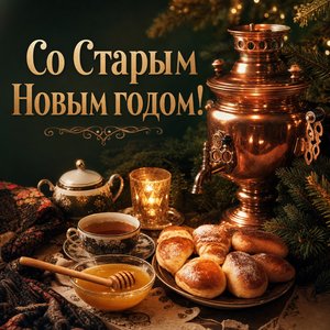 Открытка на Старый Новый год с самоваром
