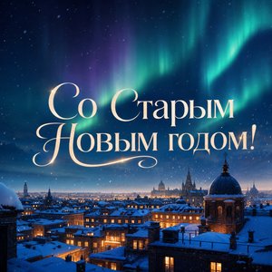 Открытка на Старый Новый год с северным сиянием