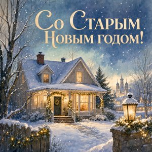Открытка на Старый Новый год с заснеженным домом