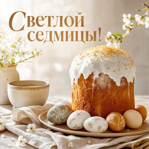 Открытка на Светлую седмицу с куличом и крашеными яйцами