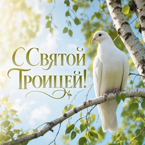 Открытка на Святую Троицу с белым голубем и берёзовыми ветвями