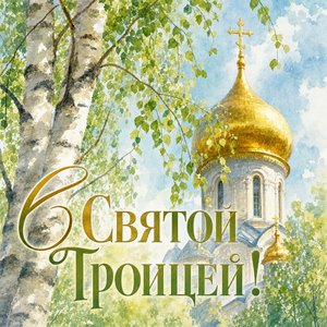 Открытка на Святую Троицу с церковным куполом среди берёз
