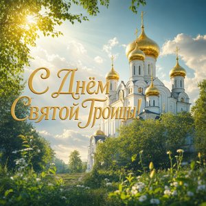 Открытка на Святую Троицу с православным храмом в зелёном лугу