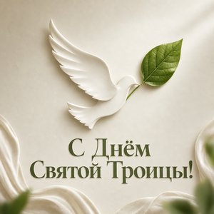 Открытка на Святую Троицу с силуэтом голубя и зелёным листом