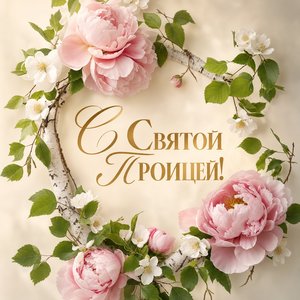 Открытка на Святую Троицу с венком из пионов и берёзовых листьев