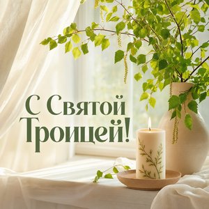 Открытка на Святую Троицу со свечой на подоконнике и берёзовыми ветвями