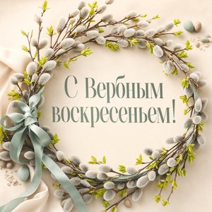 Открытка на Вербное воскресенье с венком из вербы