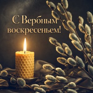 Открытка на Вербное воскресенье с вербой и свечой