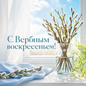 Открытка на Вербное воскресенье с вербой на подоконнике