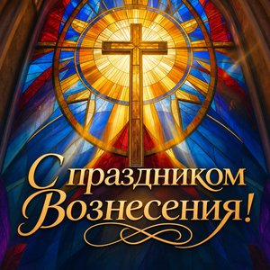 Открытка на Вознесение Господне с церковным витражом и лучами света